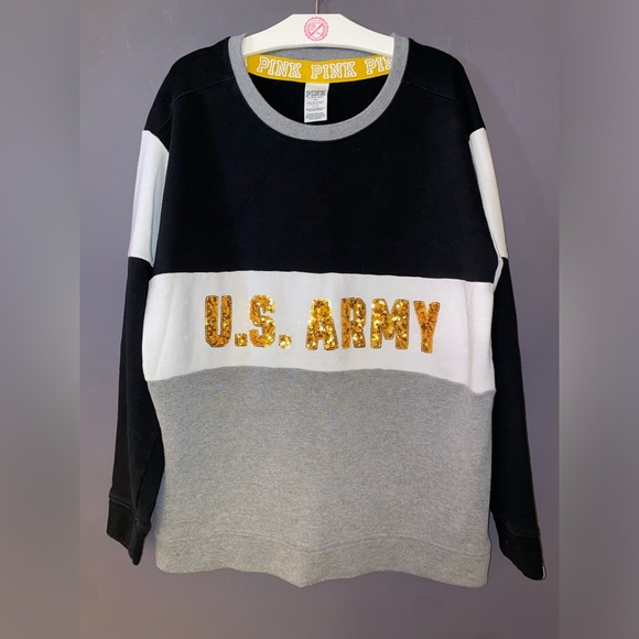 VS PINK LIMITED EDITION U.S.ARMY COLORBLOCK CREW SWEATSHIRT GOLD BLING HTF LARGE - Picture 1 of 8